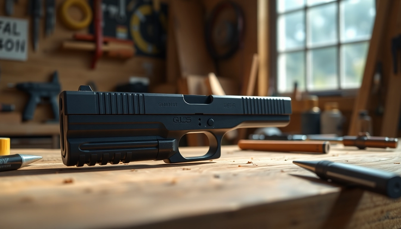 Showcase's a Glock 17 gen 5 slide on a workbench, featuring polished metal and craftsmanship.