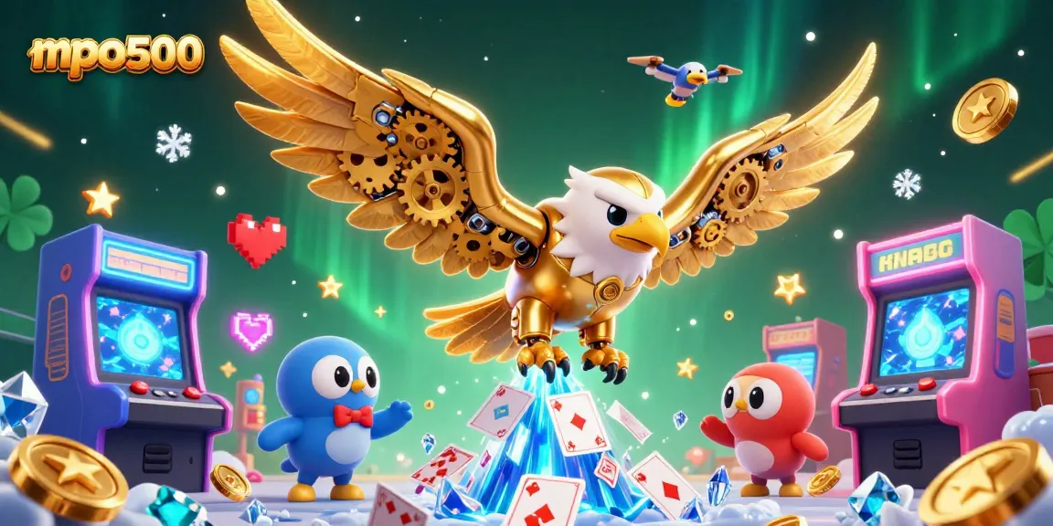 Play at mpo500 and dive into vibrant casino gaming energy with golden eagle characters amidst holographic cards.