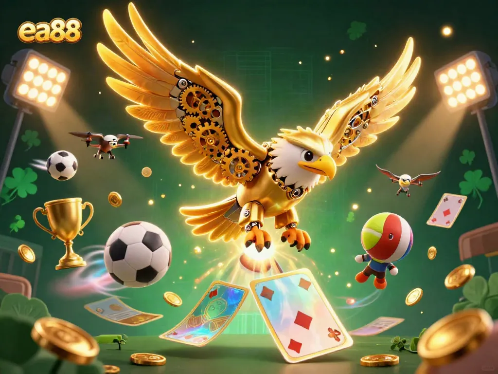 Experience thrilling gaming at ea88 with a dynamic scene of a cybernetic eagle amidst sports elements and holographic cards.