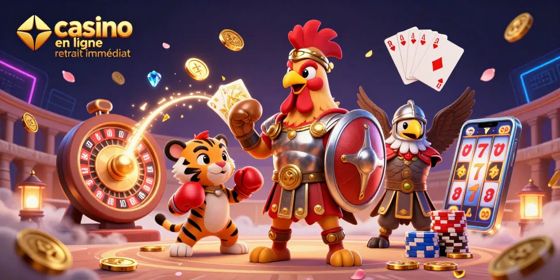 Jouer à des jeux de casino en ligne retrait immédiat avec un gladiateur et des éléments de jeu scintillants.