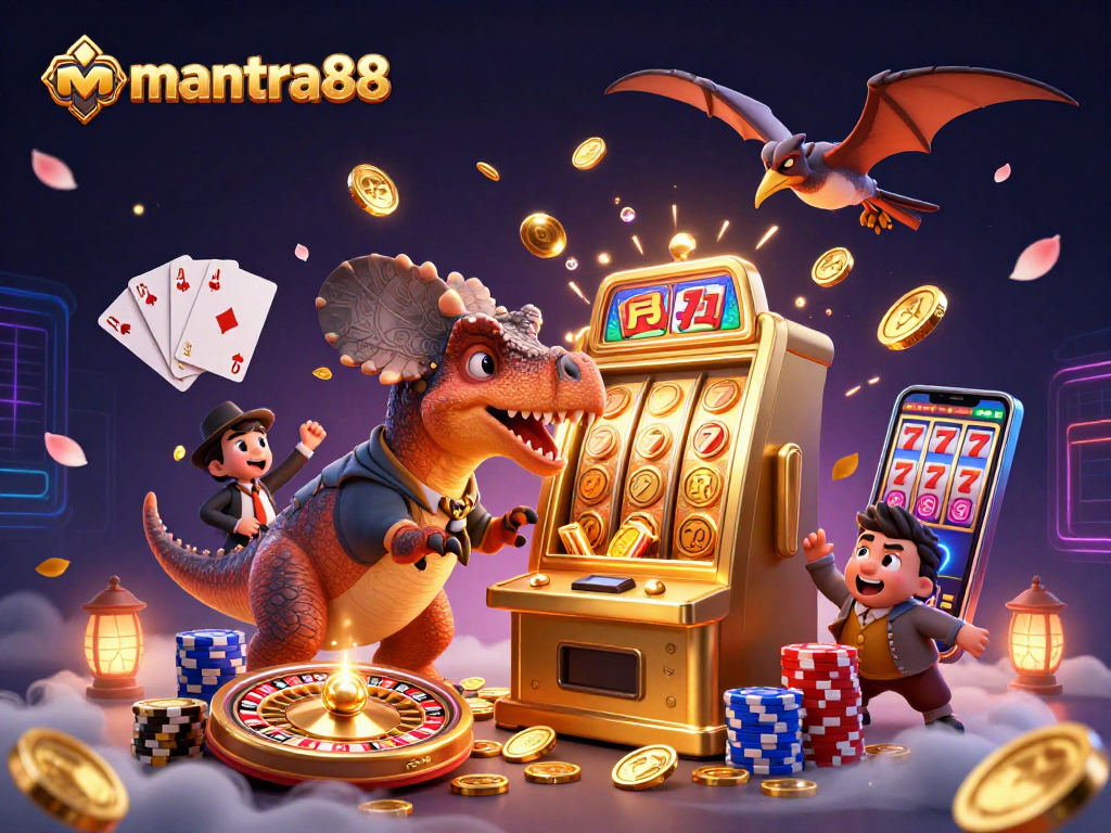 mantra88 showcases a dinosaur-themed jackpot scene with vibrant casino elements and excitement.