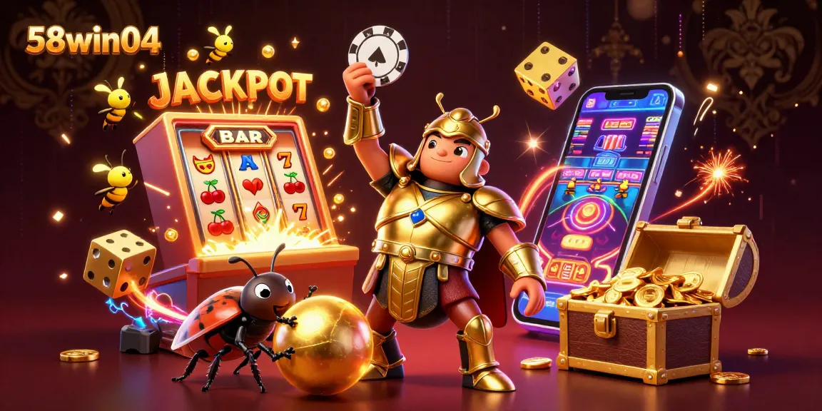 Engage in the world of 58win04 with vibrant characters and dynamic casino elements illustrating a jackpot celebration.