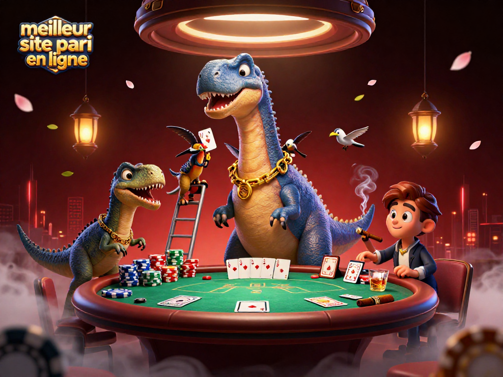 Parier sur le meilleur site de paris en ligne avec un brontosaurus géant et un raptor distribuant des cartes.