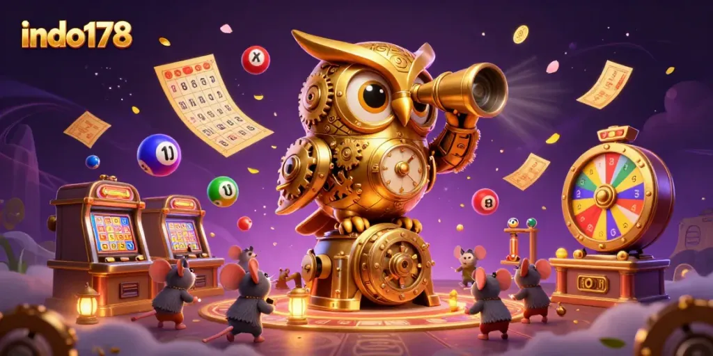 Experience excitement at indo178 with a bustling casino scene featuring a clever owl and vibrant game elements.