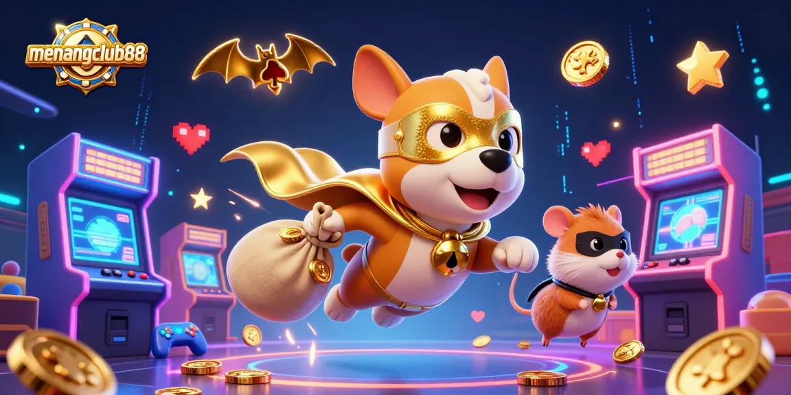 Experience the excitement of menangclub88 with a vibrant 3D cartoon illustration of a superhero dog flying through a casino-themed dynamic scene.