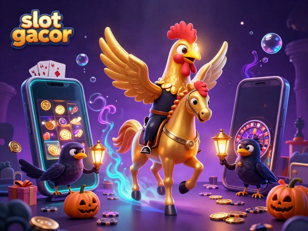 Taruhan slot gacor ditampilkan dengan karakter kartun melawan latar belakang kasino malam yang menawan.