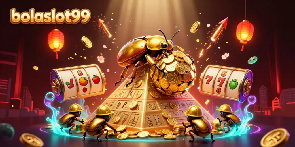 Experience the thrill of bolaslot99 with golden beetles, slot reels, and dynamic casino elements.