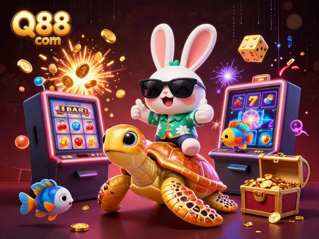 Engage with Q88 com's thrilling gaming experience featuring a lucky rabbit and golden turtle.