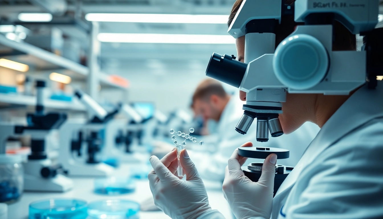 Examining tb 500 for sale peptide samples under microscope in a modern lab setting.