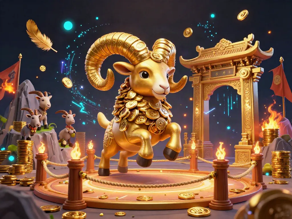 Experience the excitement of gambling at Trang Chủ BIG88 with a vibrant 3D scene showcasing a golden ram charging at a gate, surrounded by cheering goats and casino elements.