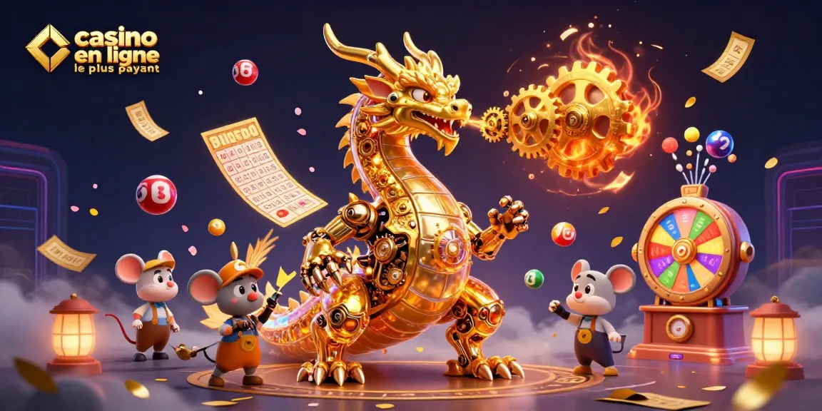Gagnez gros avec le casino en ligne le plus payant, illustré par un dragon et des éléments de loterie.