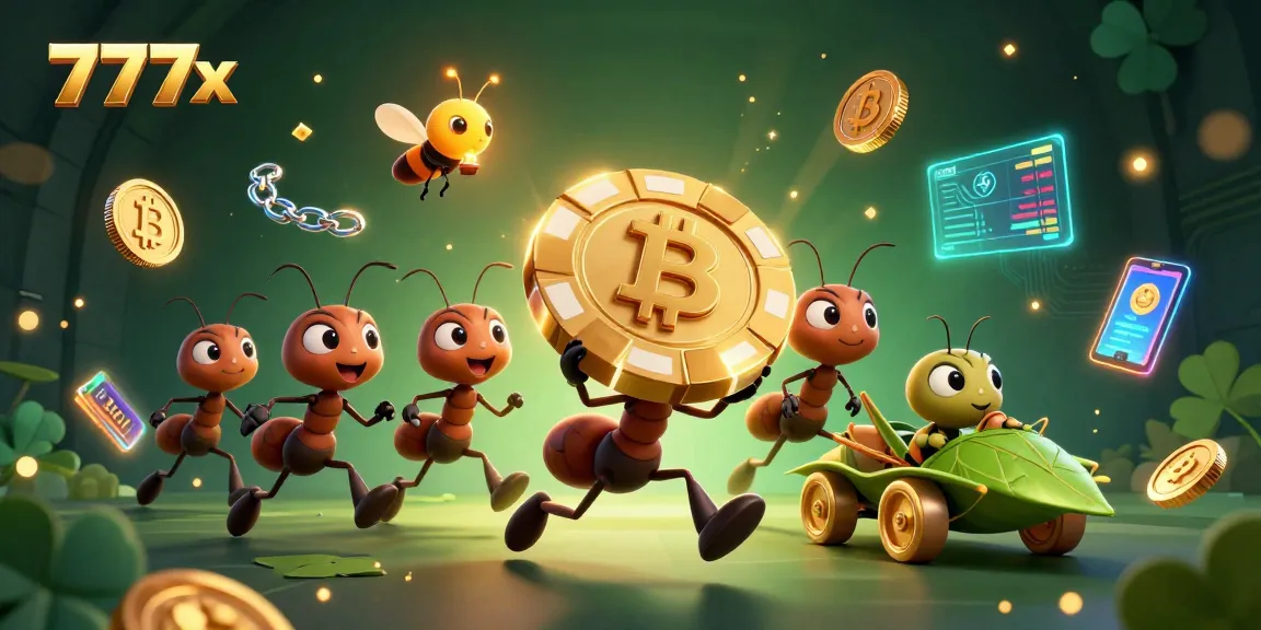 Engage with the thrilling world of 777x as ants execute a heist with glowing crypto coins.