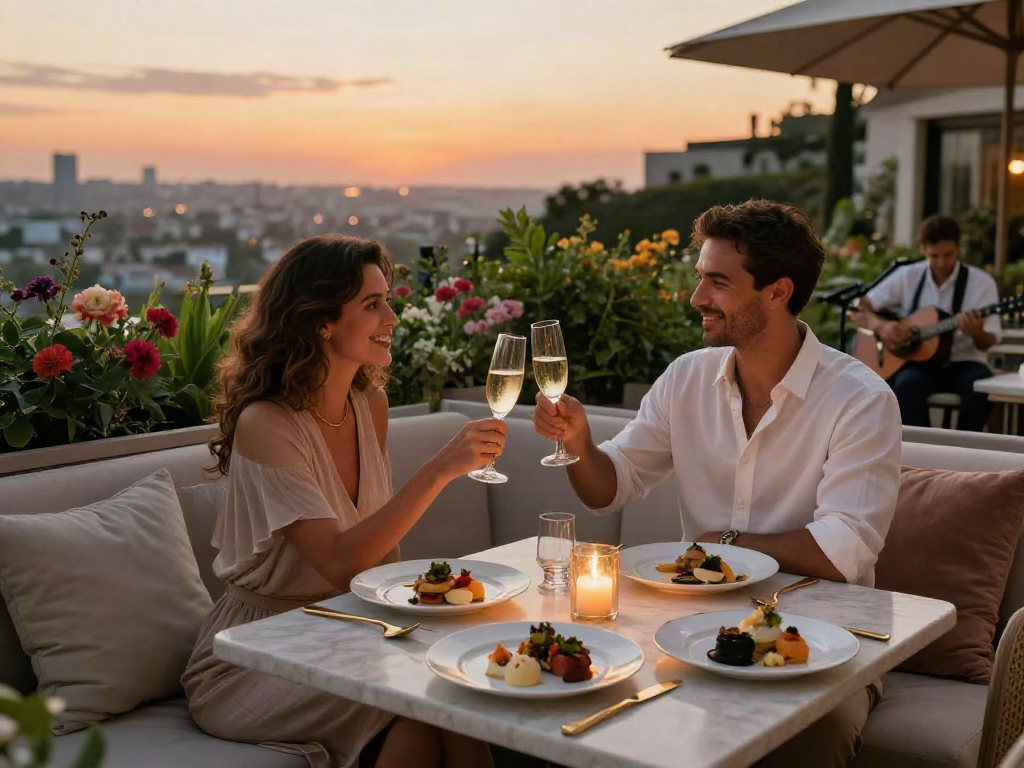 Momen mewah dengan pasangan merayakan luxury111 di teras, dengan hidangan gourmet dan suasana romantis.
