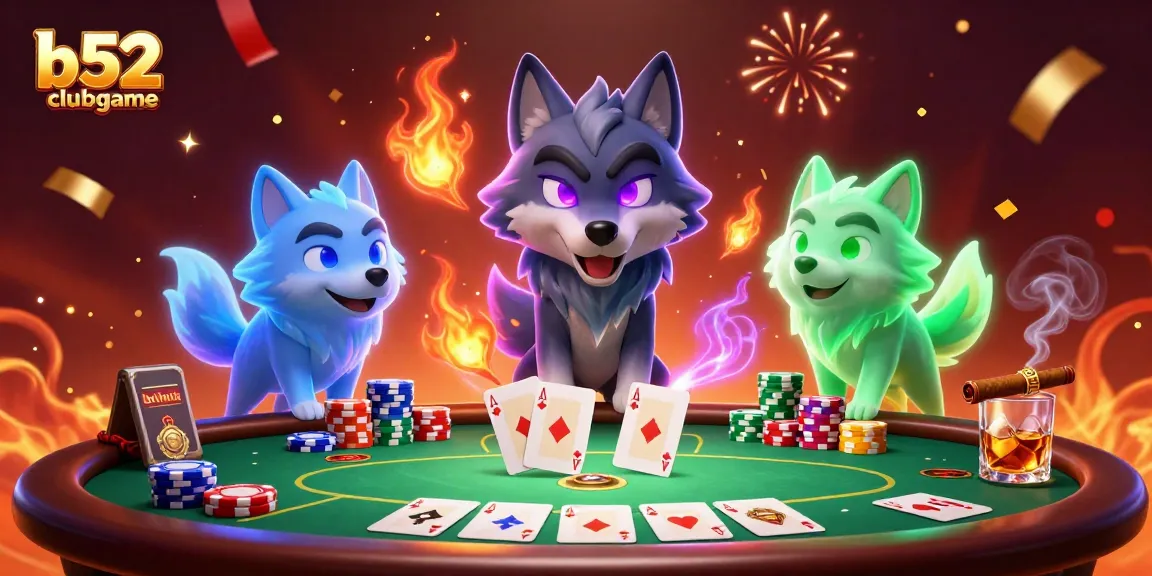 Play your hand with b52clubgame's thrilling poker experience surrounded by ghostly wolves.