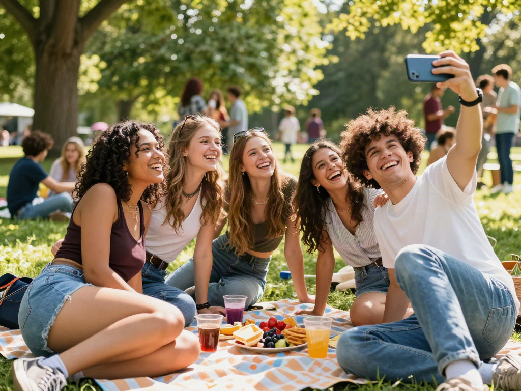 Group of friends enjoying a picnic while taking selfies to see how old do I look.