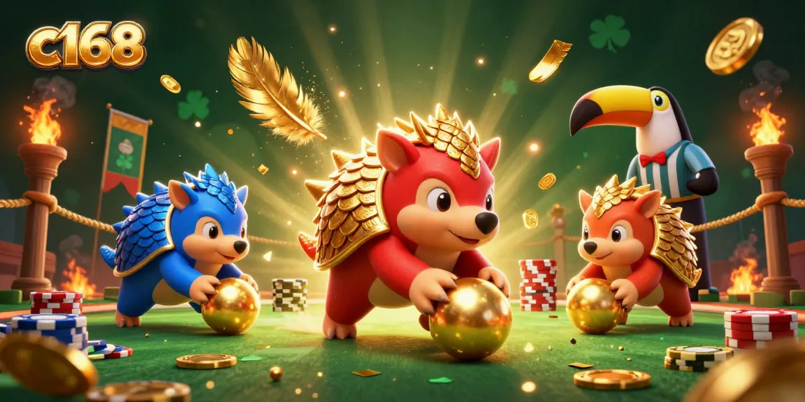 Engage in thrilling gameplay on c168 with pangolins bowling through poker chips in a dynamic casino scene.