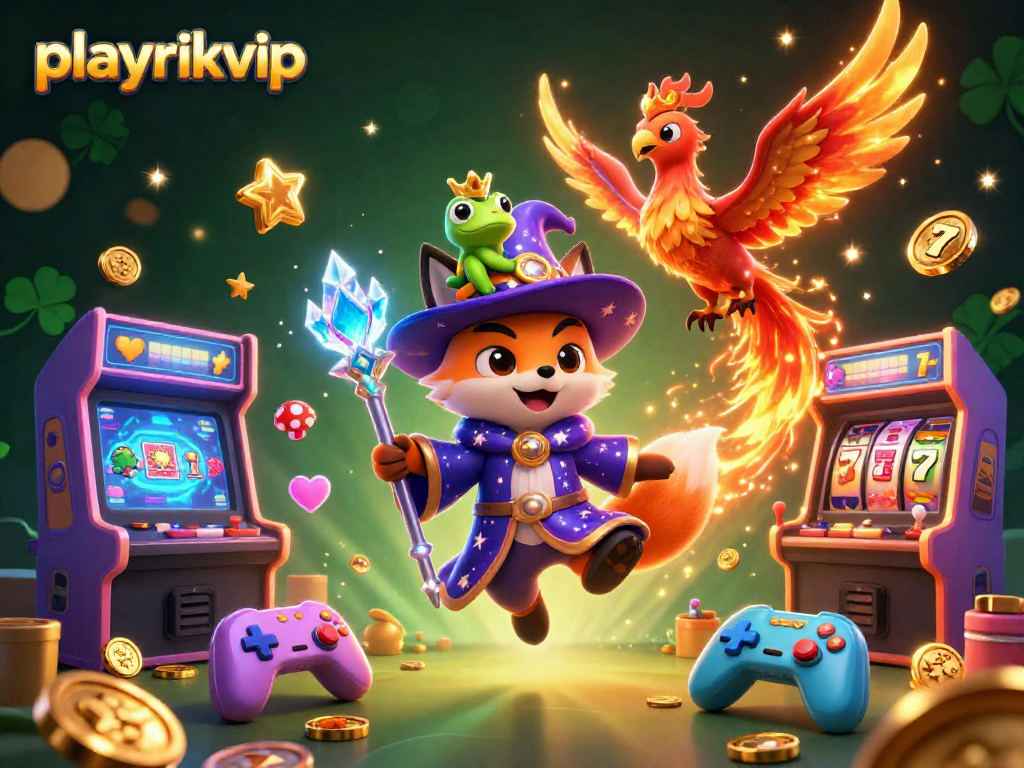 Playrikvip features an enchanting wizard fox, a phoenix companion, and gaming machines in a vibrant casino scene.