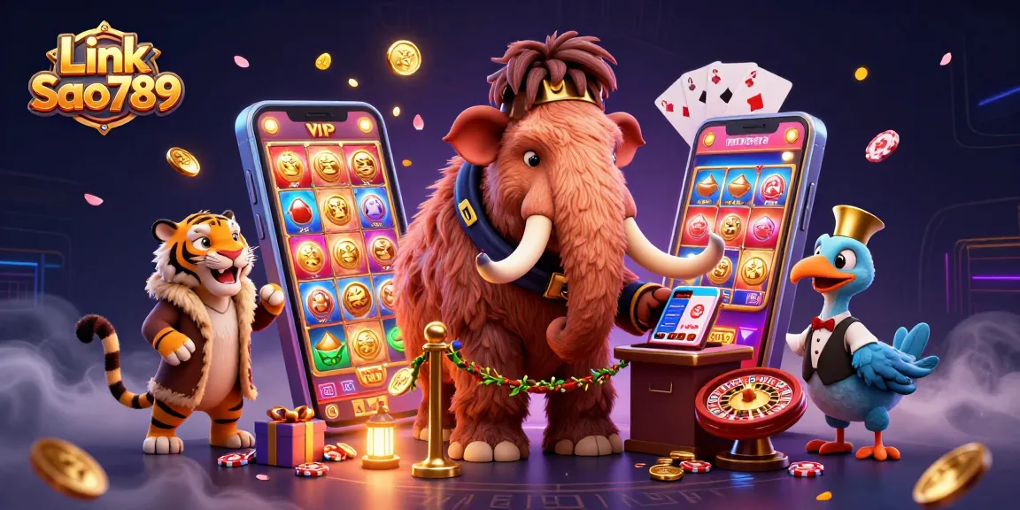 Join the fun at Link Sao789 with a vibrant casino scene depicting a woolly mammoth bouncer and exciting games.