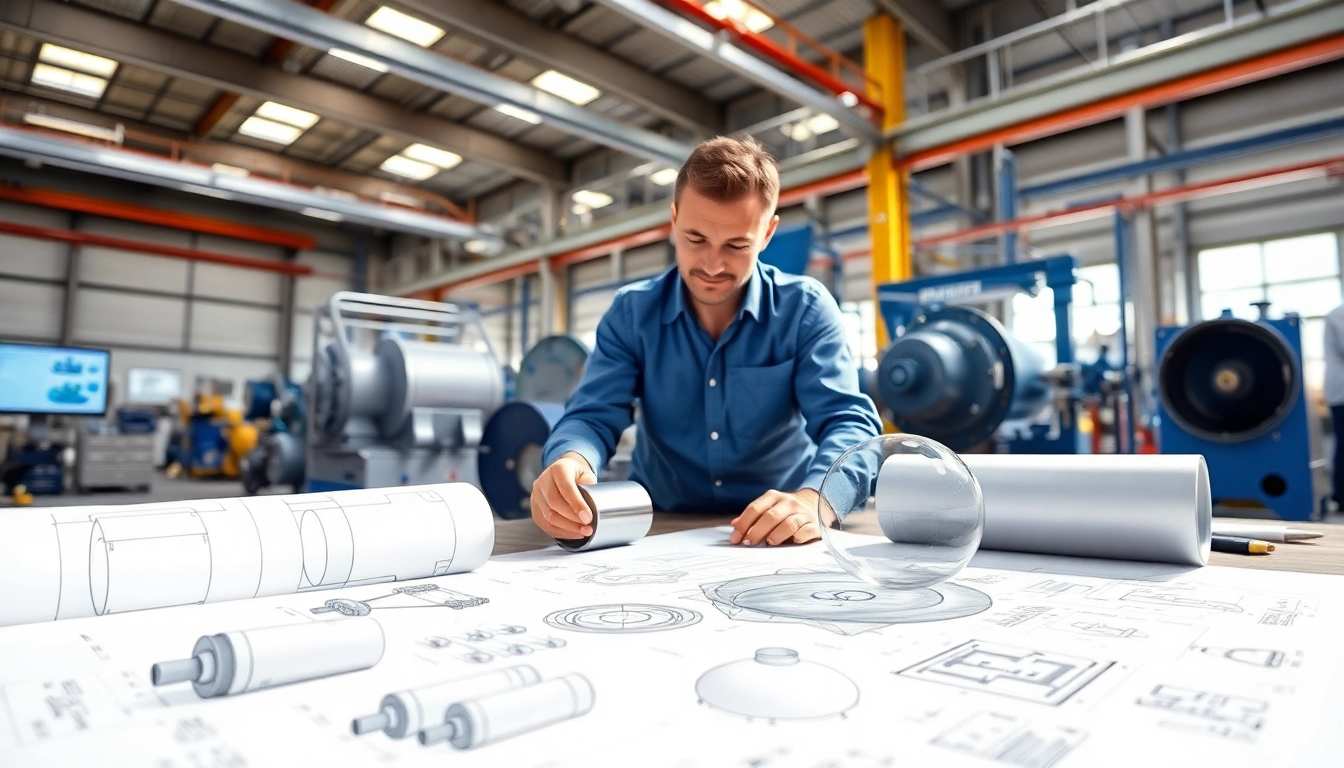 Engineers collaborating in a pressure vessel design workshop showcasing innovative designs and blueprints.