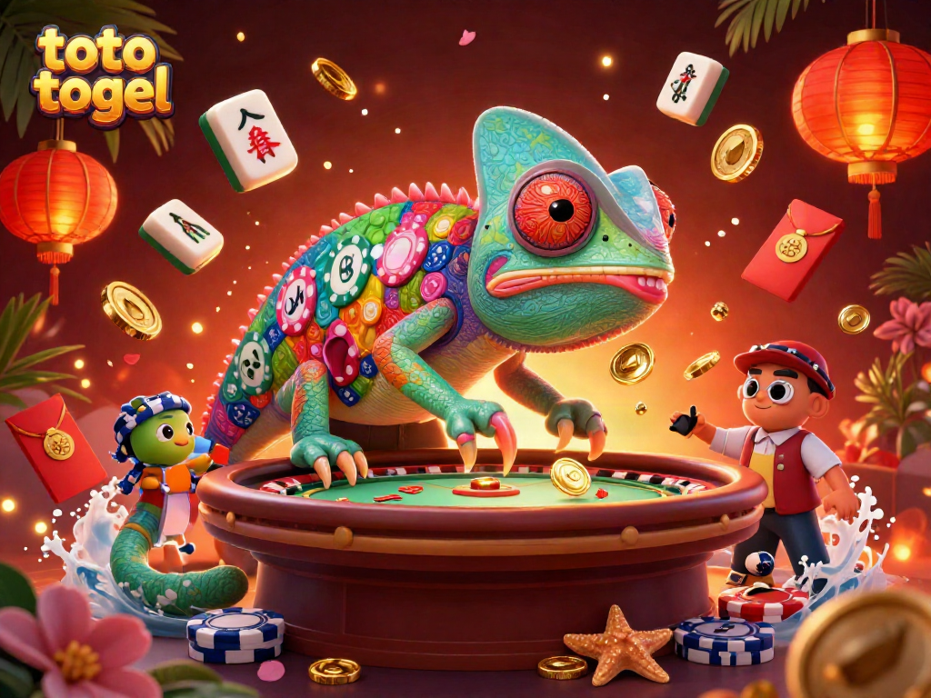 Engage in thrilling toto togel action with a chameleon casino owner capturing golden coins.