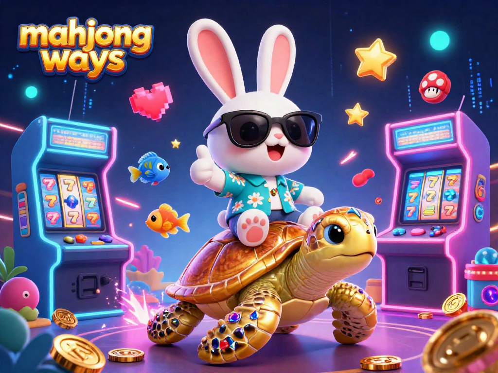 Play mahjong ways with a vibrant scene featuring a lucky rabbit, golden turtle, and arcade machines.