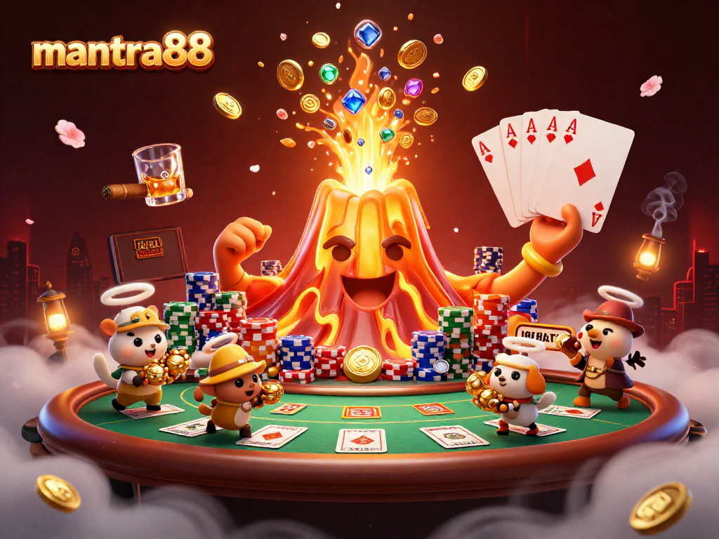 Experience the excitement at mantra88 with a vibrant scene of a golden volcano and treasure hunters.