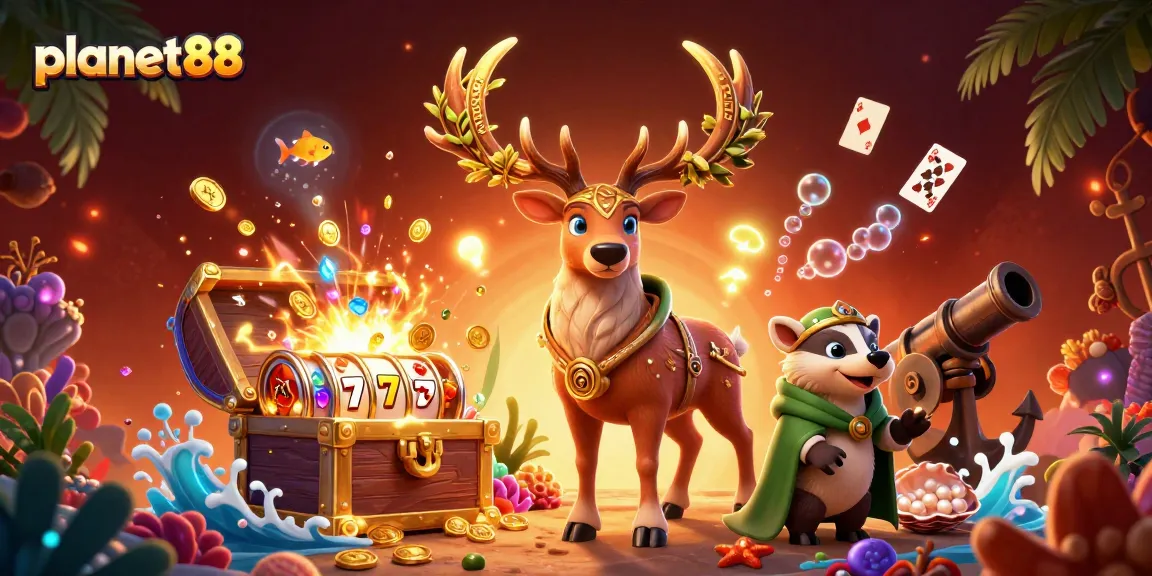 Experience thrilling slots at planet88 with a vibrant illustration featuring colorful gems and lucky symbols.