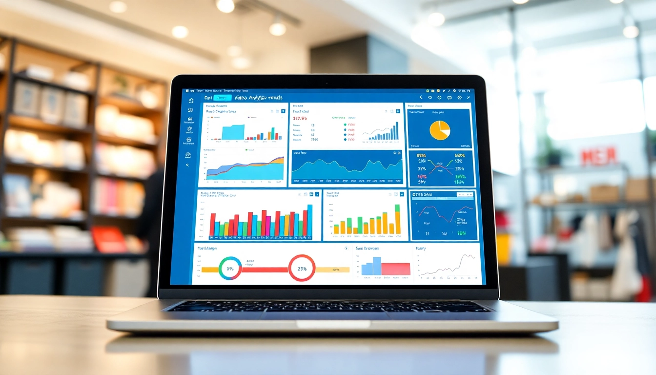 Analyze retail video analytics data presented on a professional dashboard inside a modern retail store.