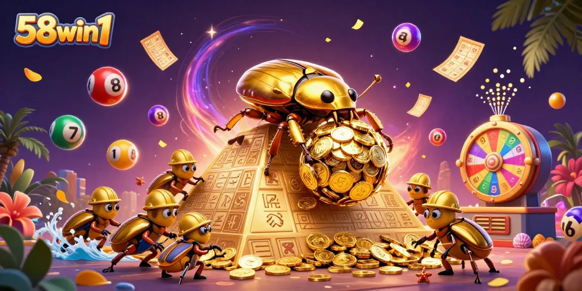 Experience thrilling gaming moments with 58win1 featuring a golden dung beetle in a vibrant casino scene.
