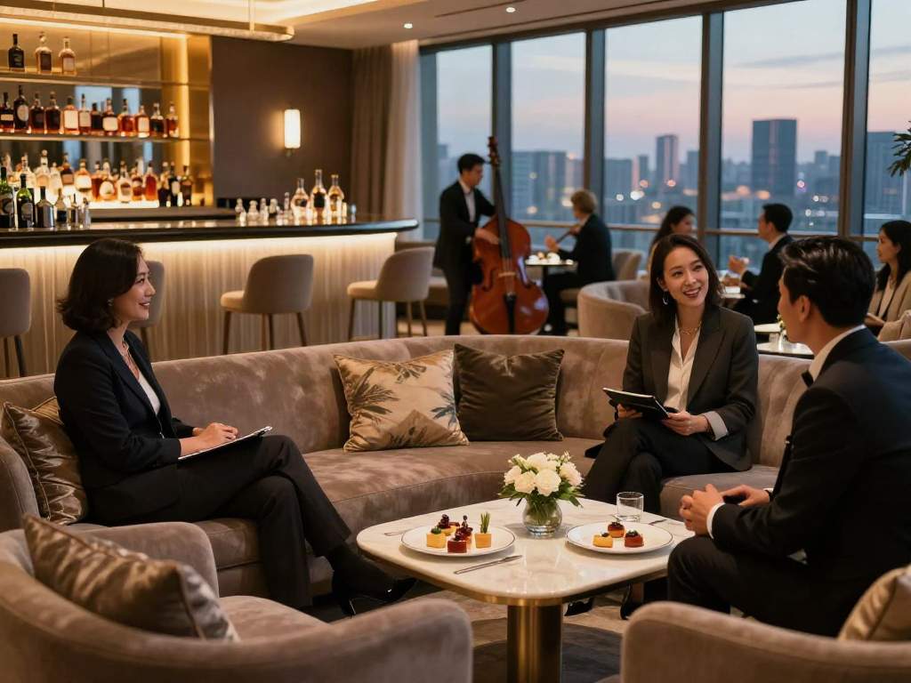 LUXURY111 dalam suasana santai di lounge mewah dengan orang-orang bergaya elegan.