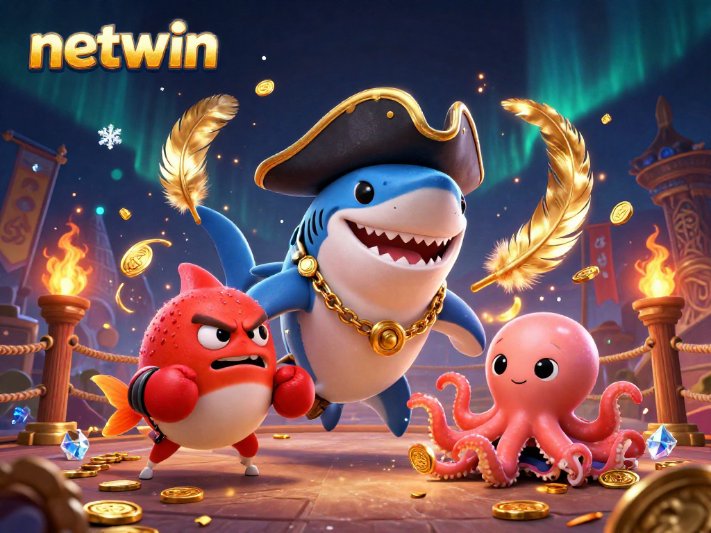 Engage in thrilling online gaming action with the vibrant netwin characters battling for gold coins.