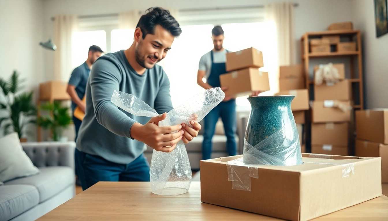 Professional Packing Services team efficiently packing valuable items with care in a bright setting.