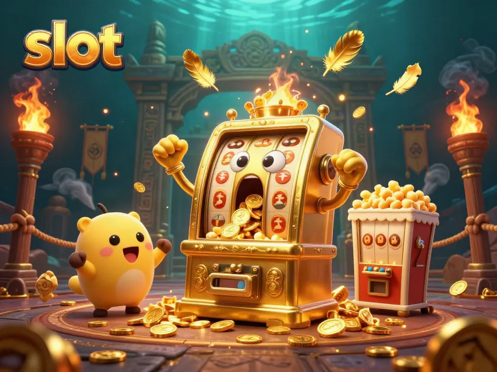 Mesin slot meriah merayakan jackpot dengan koin berlimpah mengalir, dikelilingi mesin slot kecil.