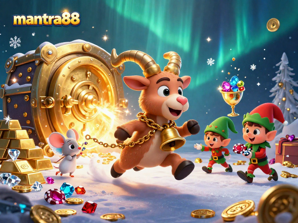 Experience the thrill at mantra88 with 3D cartoon characters in a vibrant casino scene filled with excitement and treasure.