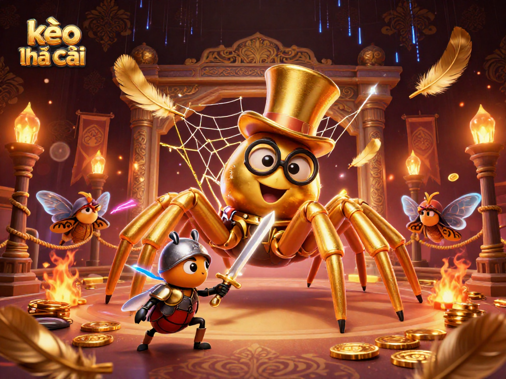 Engage in sports betting with kèo nhà cái as a golden tarantula weaves its web amidst a vibrant arena.