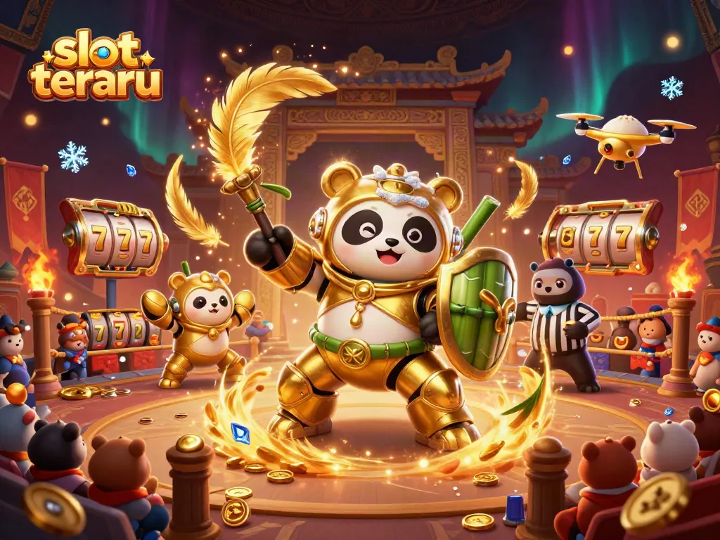 Slot terbaru: ilustrasi kasino dengan panda robot dan elemen slot yang dinamis.