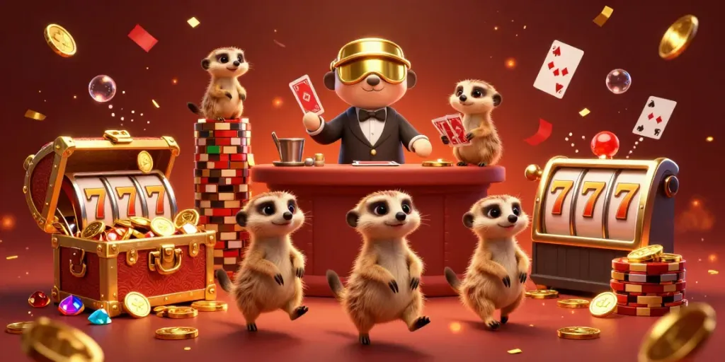 Engage with QQ SLOT gameplay as meerkats manage a vibrant casino scene filled with treasure and excitement.