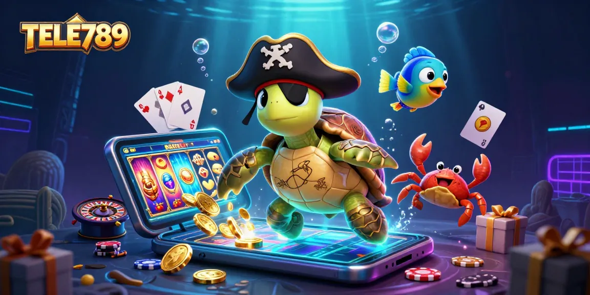 TELE789 showcases a vibrant underwater scene with a pirate turtle and colorful casino elements.
