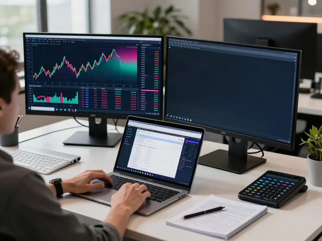 Trading workspace showing real-time crypto charts and historical stock data API insights on dual screens, emphasizing technology and analysis.
