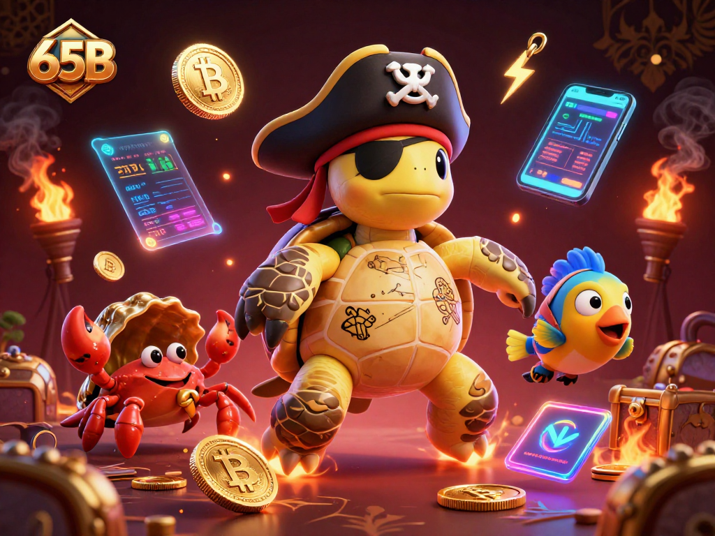 O jogo emocionante no 65B com tartaruga pirata e tesouro submerso na ilustração 3D.