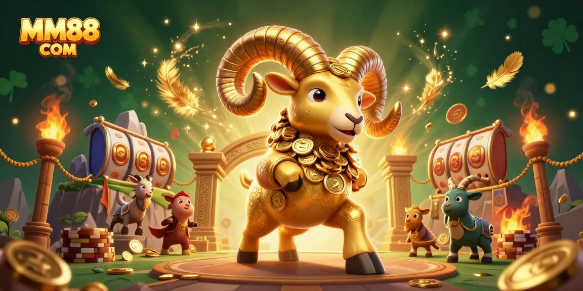 Engage in thrilling gameplay at MM88 COM with a vibrant 3D illustration featuring golden ram and stacked coins.