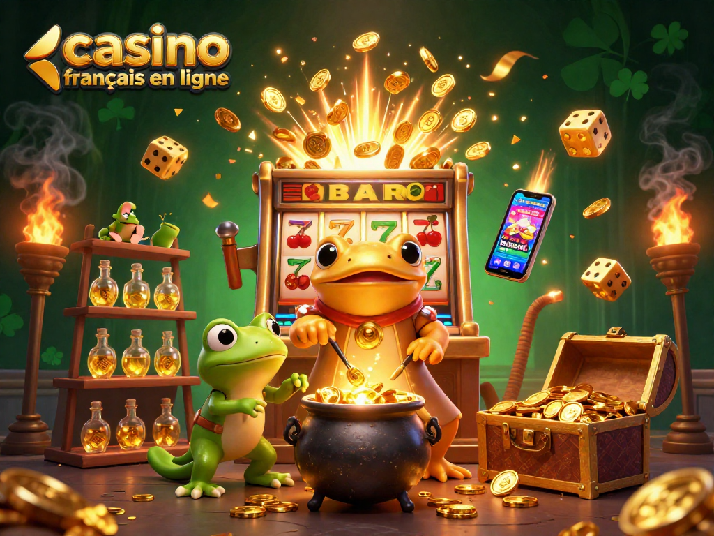 Célébrez le casino français en ligne avec des personnages animés profitant des machines à sous et des gains dorés.