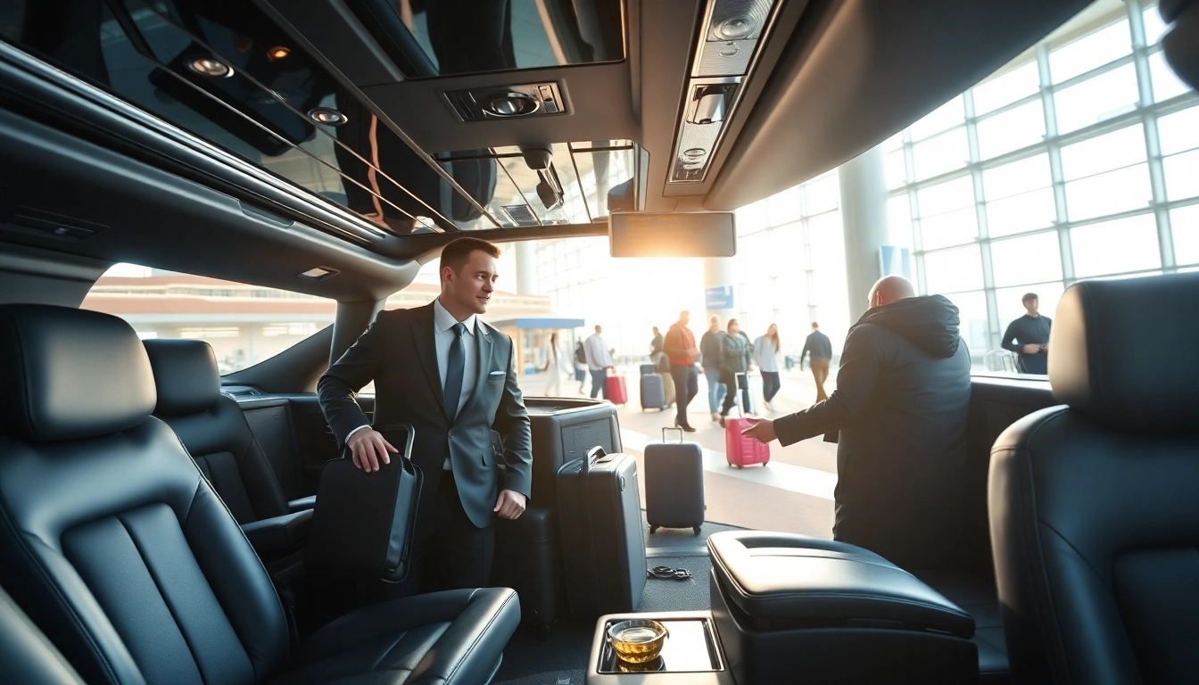 Elegant vancouver airport limo with attentive chauffeur in a busy airport terminal setting.