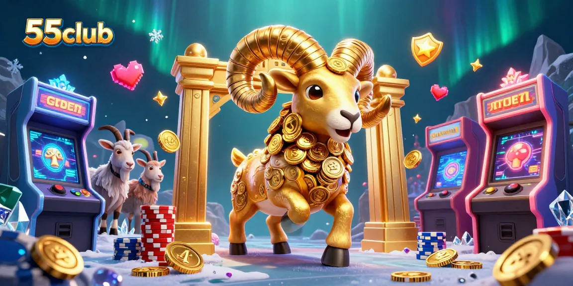 Engage with the exciting 55club as a golden ram bursts through golden gates amid colorful game elements.
