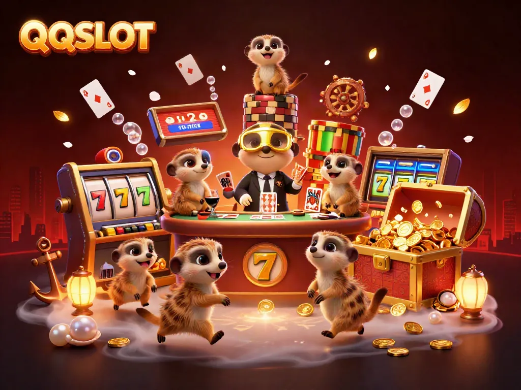 Experience the excitement of QQSLOT with playful meerkats managing a vibrant casino scene full of slot games and treasures.