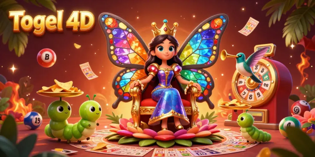 Menggenggam peluang menang dengan Togel 4D, ilustrasi ratu kupu-kupu dengan elemen lotere yang kaya.
