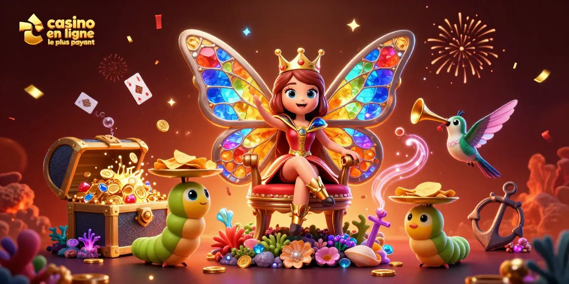 Découvrez le casino en ligne le plus payant avec une reine papillon et des servants offrant des jetons d'or.