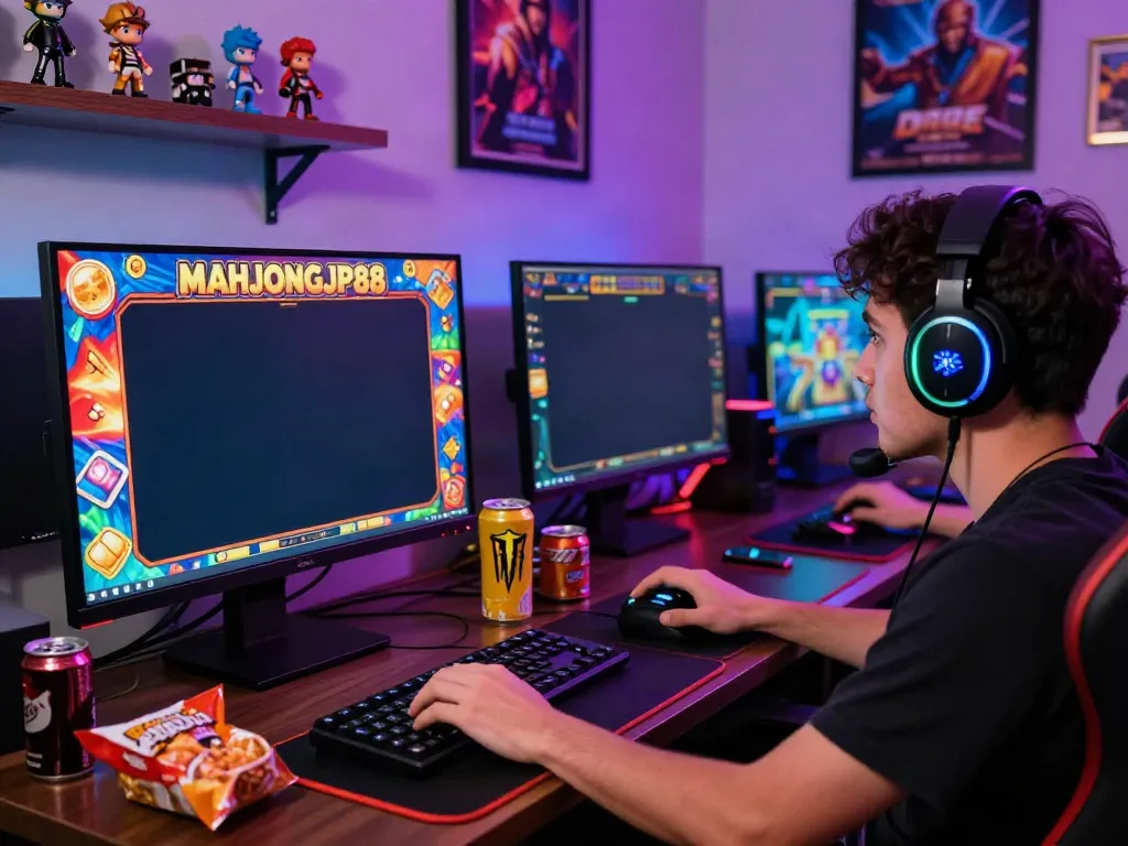 Engaged gamer enjoying Slot MAHJONGJP88 in a vibrant gaming setup, illuminated by ambient lights.