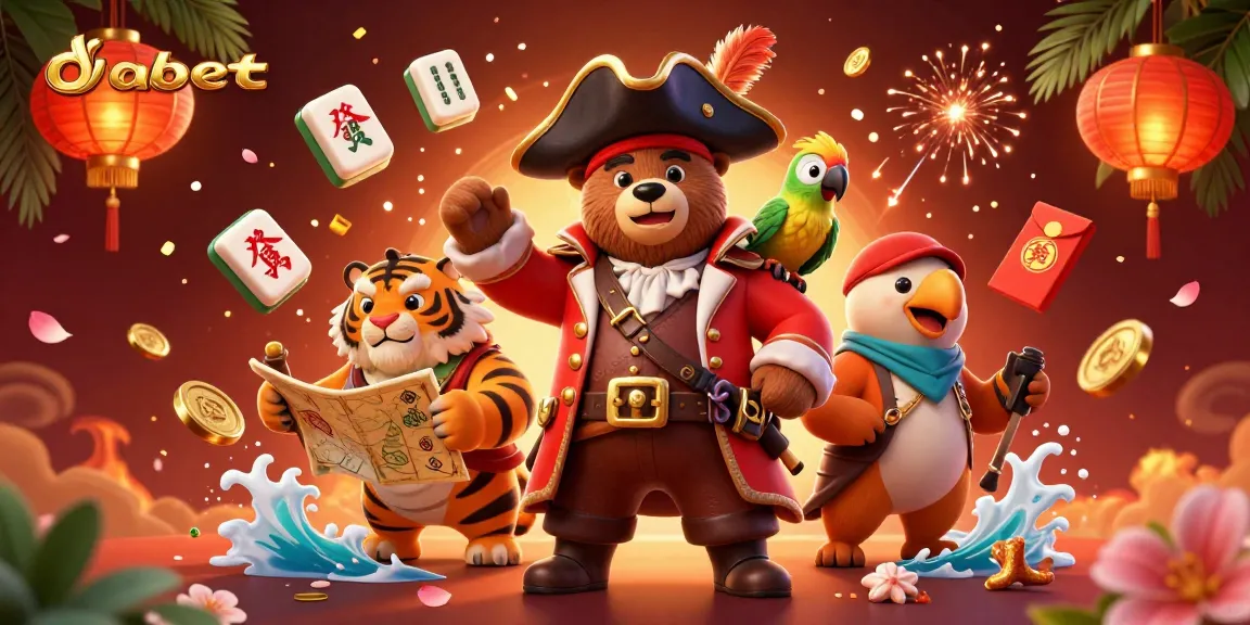 Dabet online casino illustration featuring a pirate bear, tiger, and parrot amid colorful gambling elements.