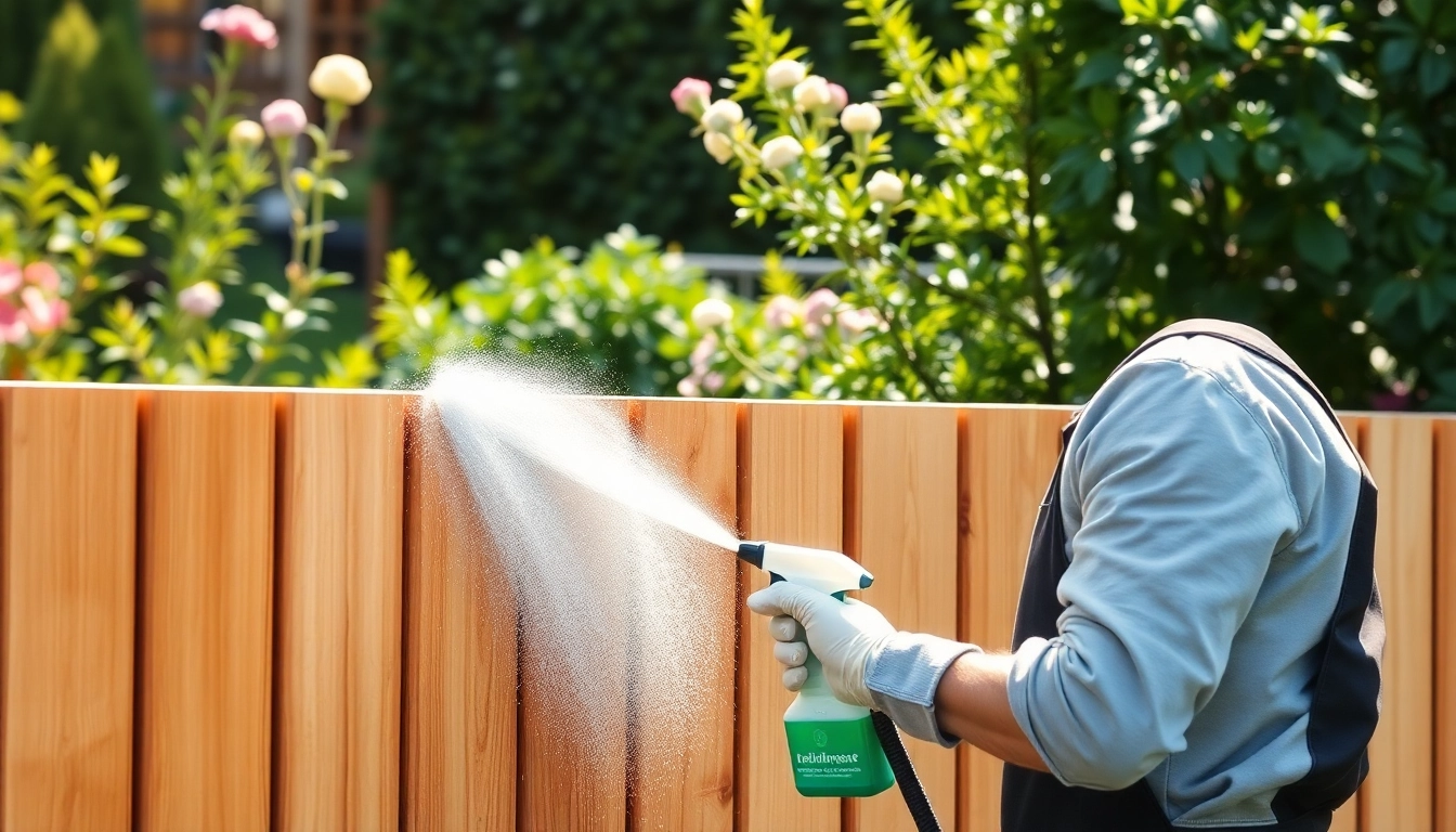 Engaging scene of Fence Cleaning by a professional technician showcasing vibrant green surroundings.